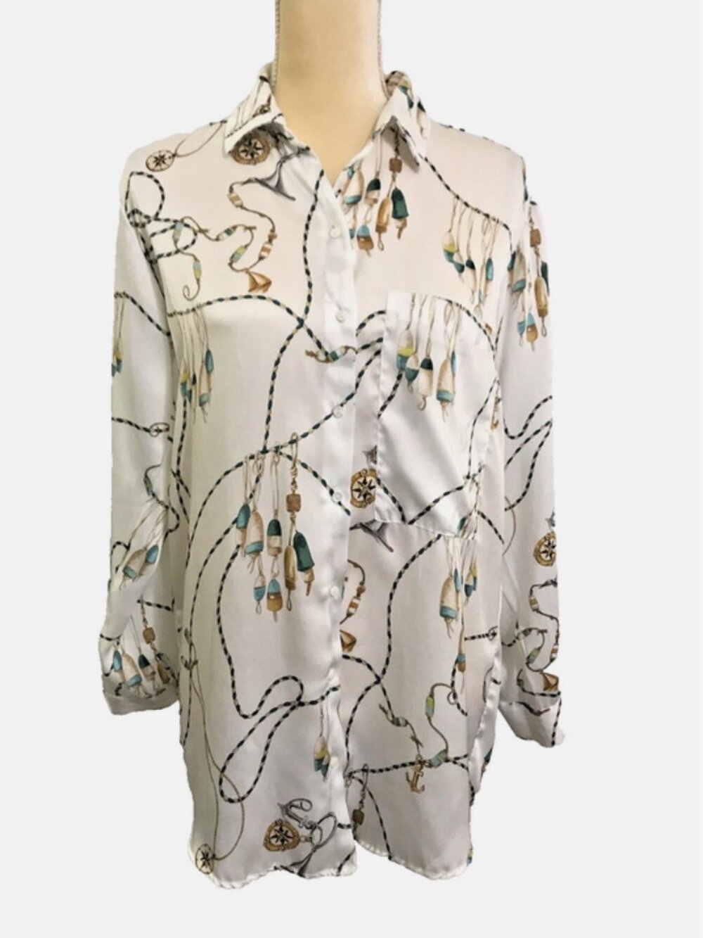 ZARA Nautical Print Blouse Medium Boating Fishing Lobster Pot